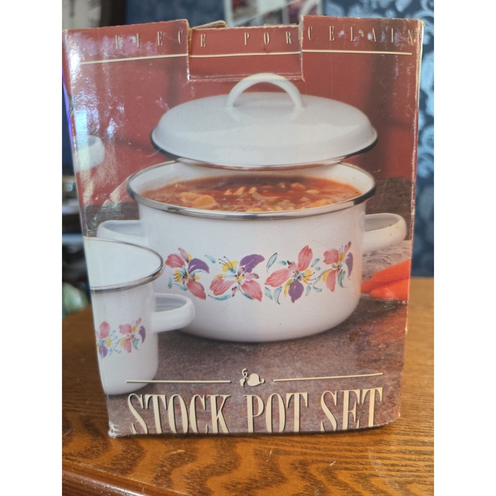 Vintage 80s Mini Enamelware Nesting Pots Set 3 Pastel Iris Floral White Enamel